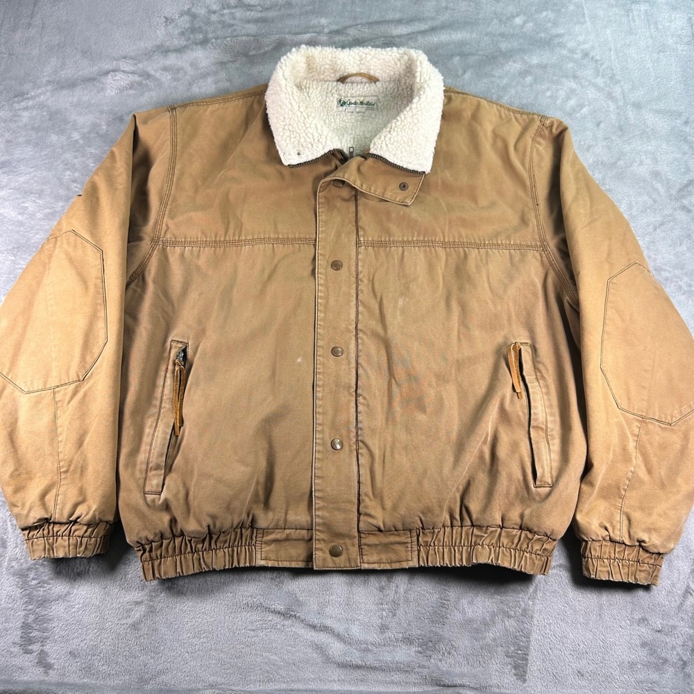 Gander Mountain Mens XXL Tan Canvas Work Jacket Faux Shearling Lined Bomber